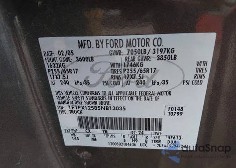 2005 Ford F-150 Lariat/Xl/Xlt z USA, uszkodzony, nr VIN 1FTPX12585NB13035